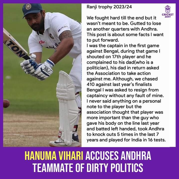 Hanuma Vihari Accuses Andhra of Dirty Politics